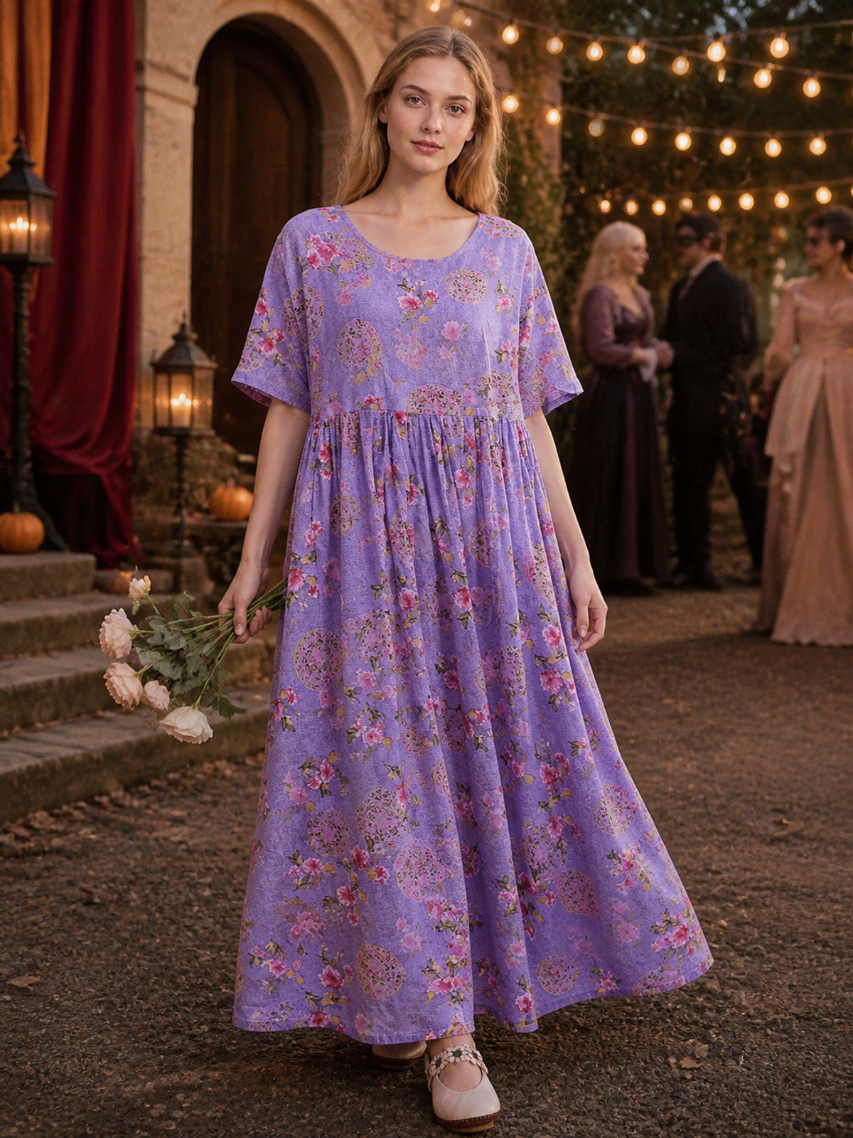 Purple Floral Print Short Sleeve Round Neck Long Dress with Drawstring Waist and