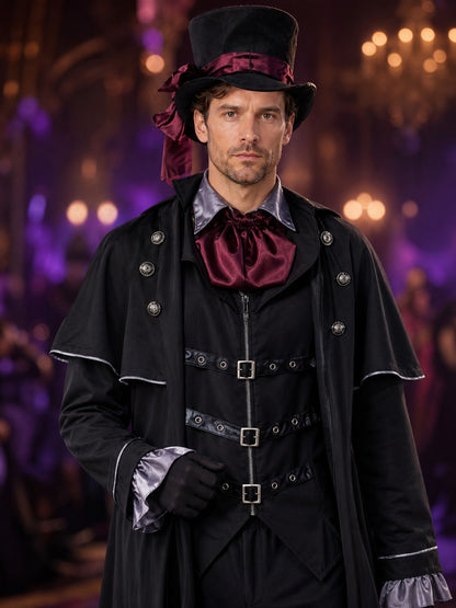 Men's Gothic Wizard Costume Set, Black Cape with Silver Trim, Vest, Top Hat & on-model view
