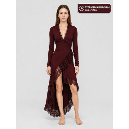 Burgundy Dress with a Deep V-Neckline and Lace Trim