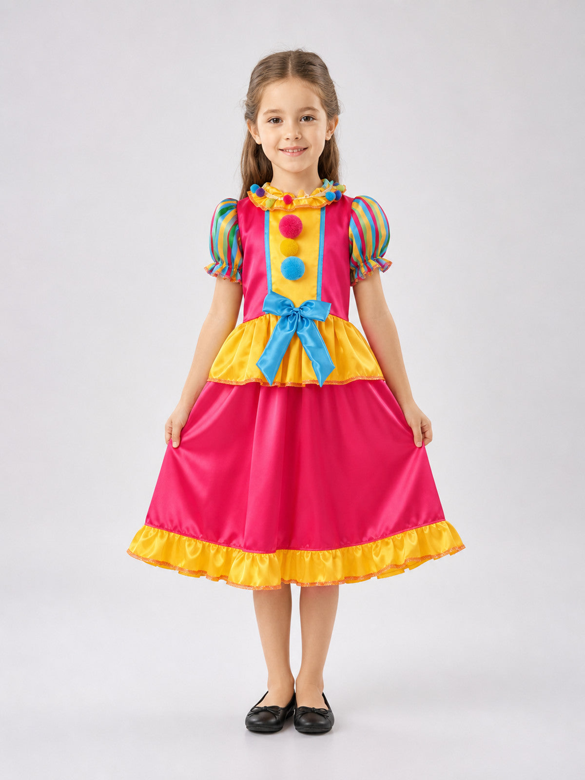 Carnival clown dress with ruffles for parties on-model view