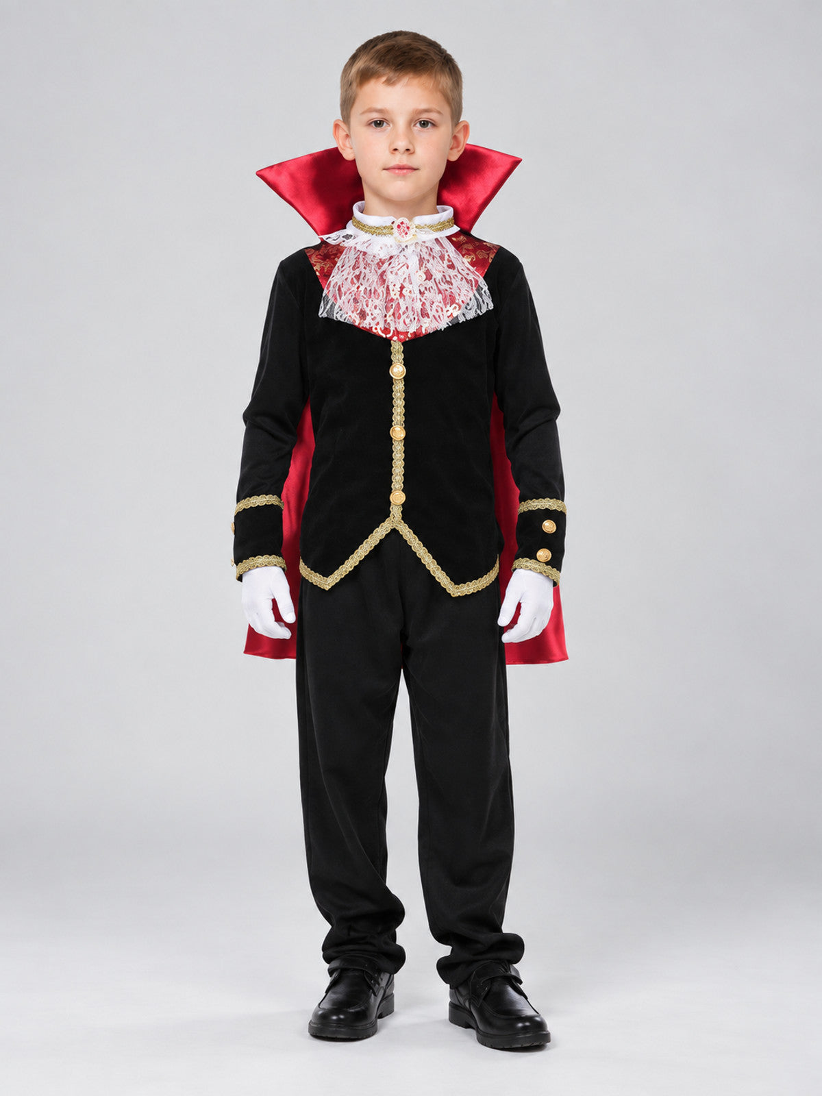 Children's Vampire Costume with Red Cape and Jabot on-model view