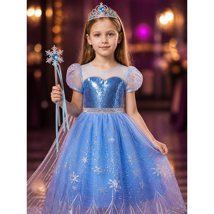 Kids Snow Queen Blue Sequined Snowflake Puffy Princess Dress Halloween Costume on-model view