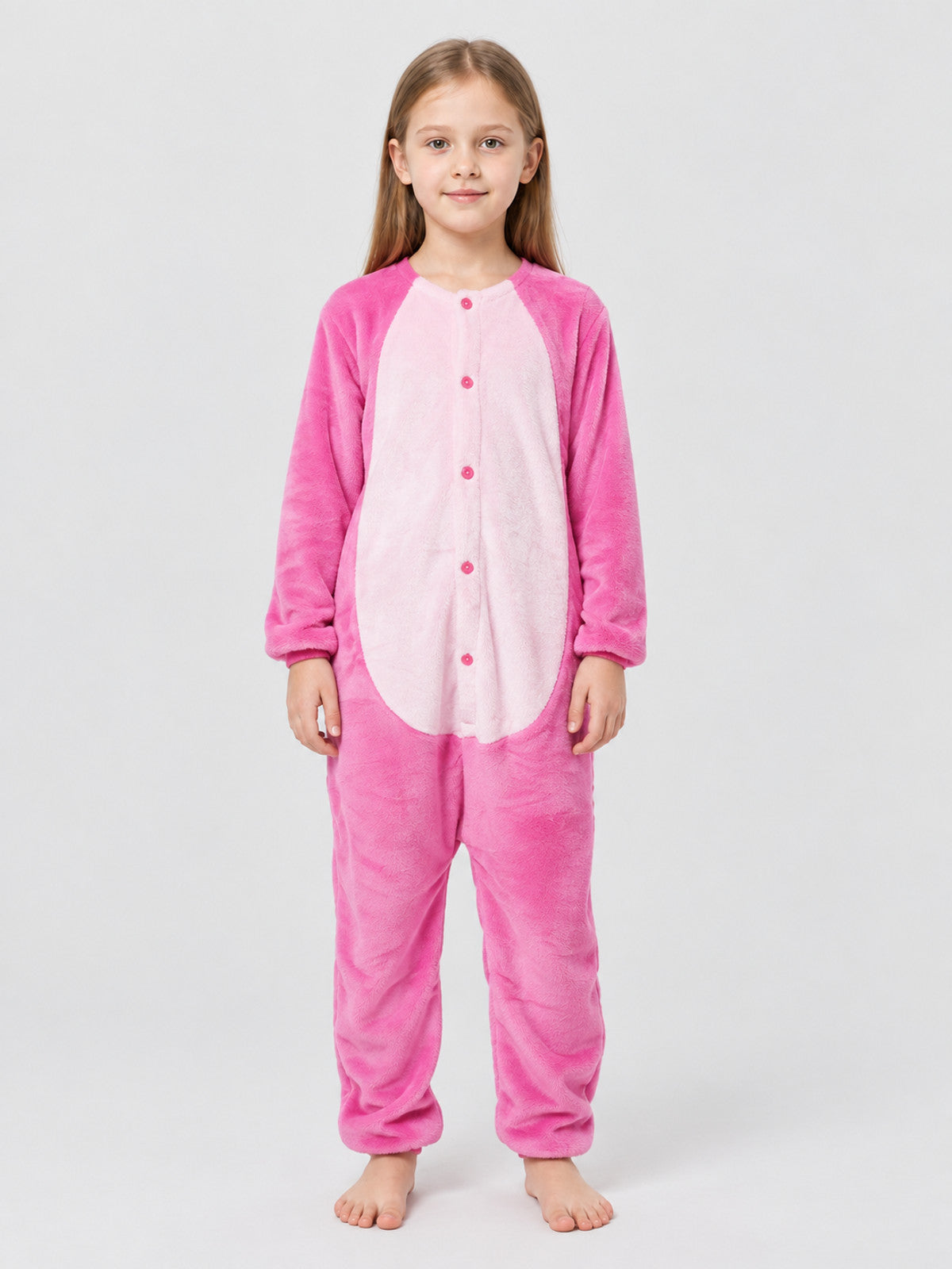 Pink fleece kigurumi pajama with buttons at the front