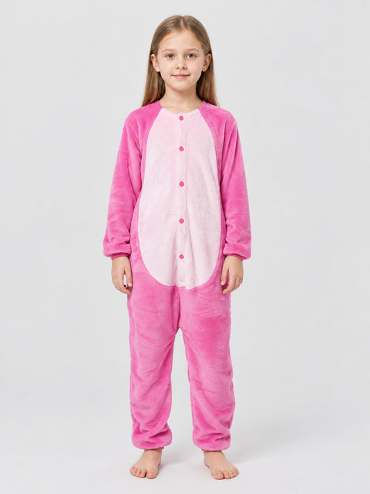 Pink fleece kigurumi pajama with buttons at the front