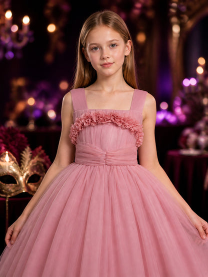 Girls' Pink Princess Dress, Layered Organza Long Gown With Floral Bodice And Bow on-model view