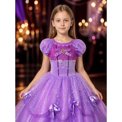 Girls Purple Princess Ball Gown Costume, Star Pattern Layered Tutu Dress with