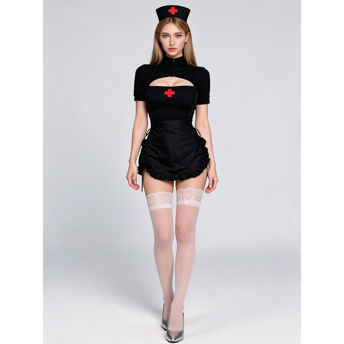 Black Nurse Costume for Halloween Masquerade on-model view