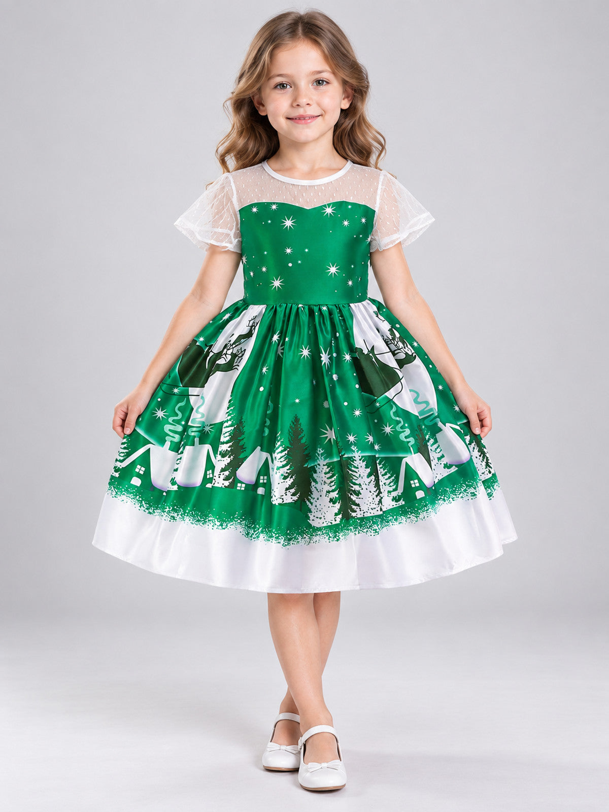 Festive Children's Dress with Winter Print on-model view