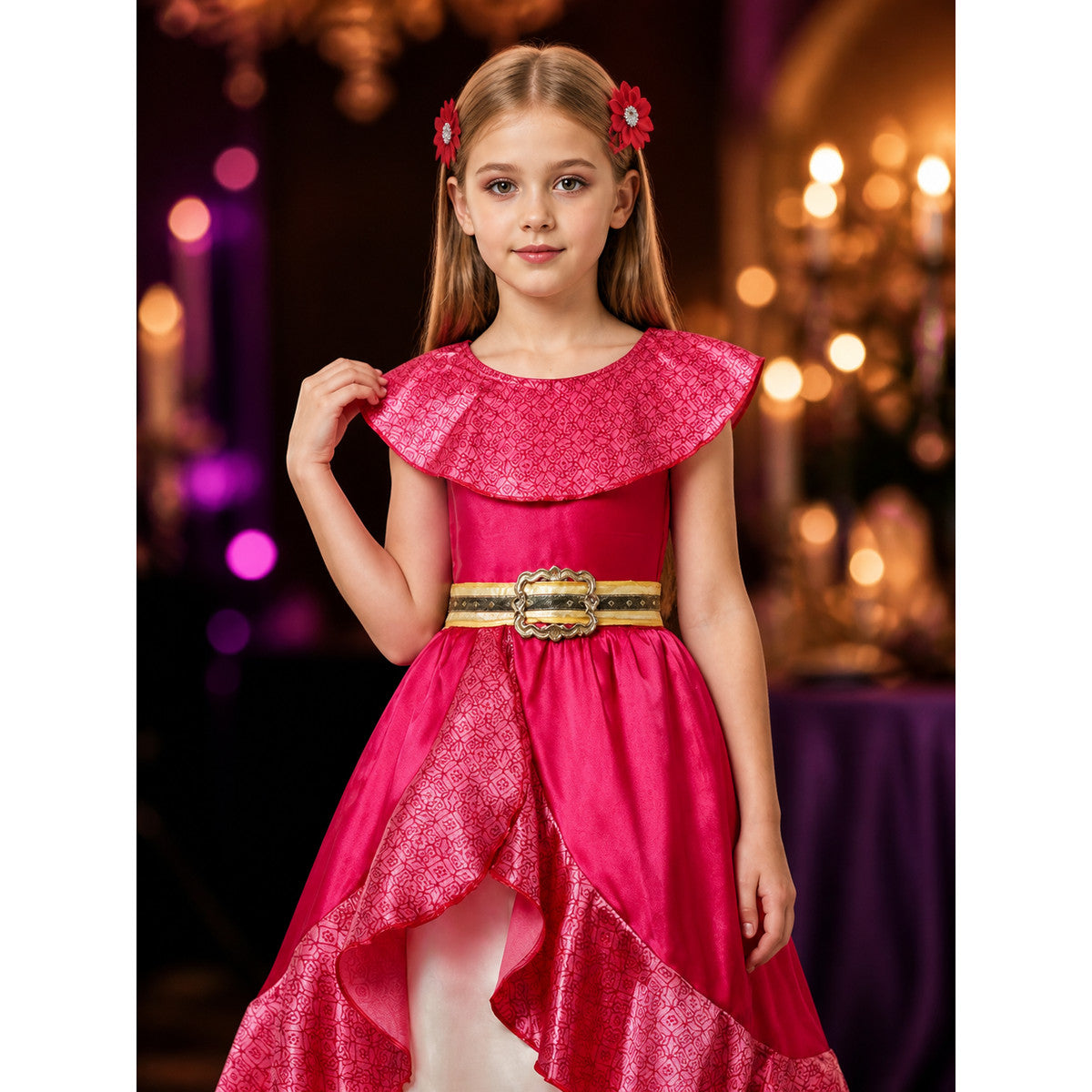 Kids Princess Elena Costume Dress Set with Ruffle Collar and Flower Hair Clips