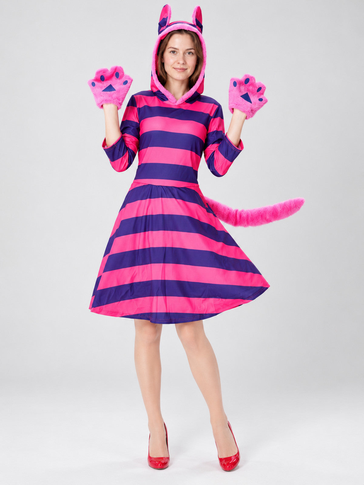 Pink carnival costume with a hood, ears, and tail