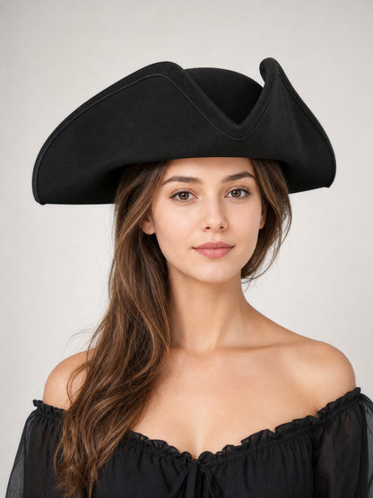 Black fabric tricorn hat with a wide curved brim shown on a woman in a close-up portrait