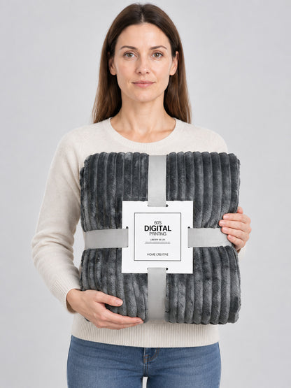 Dark Gray Flannel Blanket with Textured Stripes
