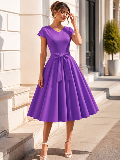 Purple V-Neck Dress with Bow