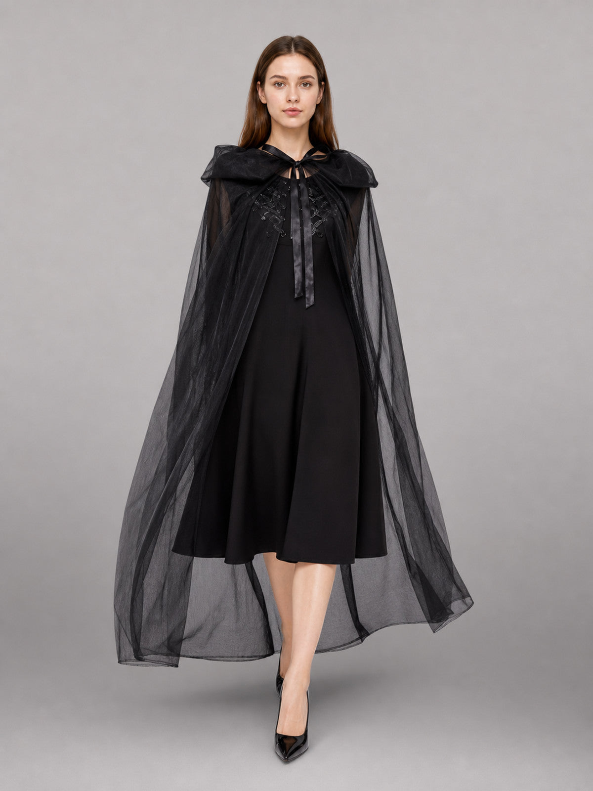 Black Hooded Carnival Cape for Cosplay front view