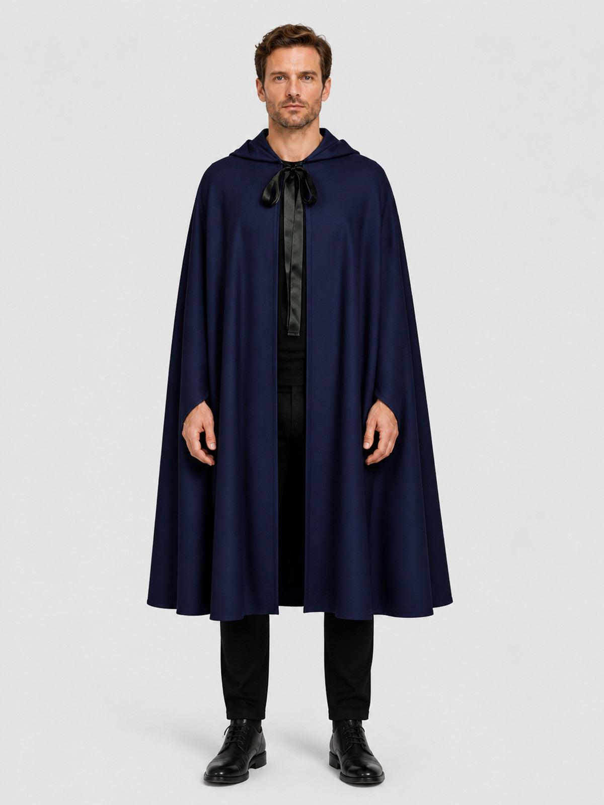 Cosplay Hooded Cloak, Open Front, Blue/Black on-model view