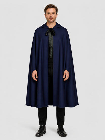 Cosplay Hooded Cloak, Open Front, Blue/Black on-model view