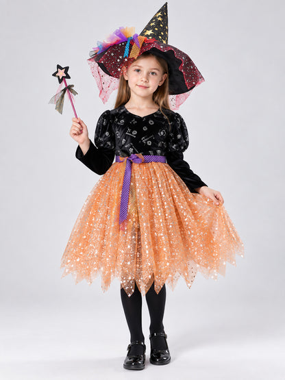 Kids' Witch Halloween Costume with Hat and Wand