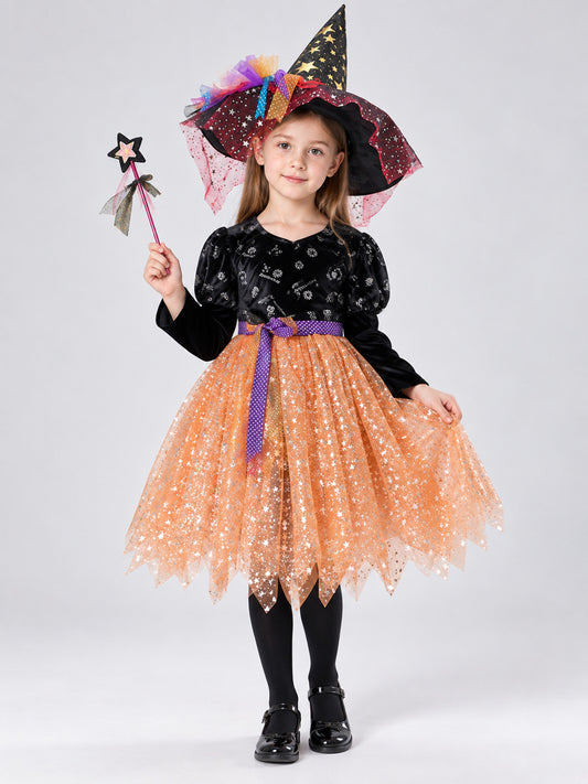 Kids' Witch Halloween Costume with Hat and Wand