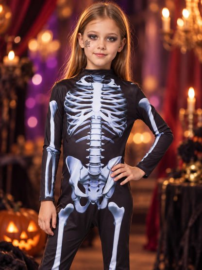 Kids' Skeleton Costume Black Jumpsuit with White Print