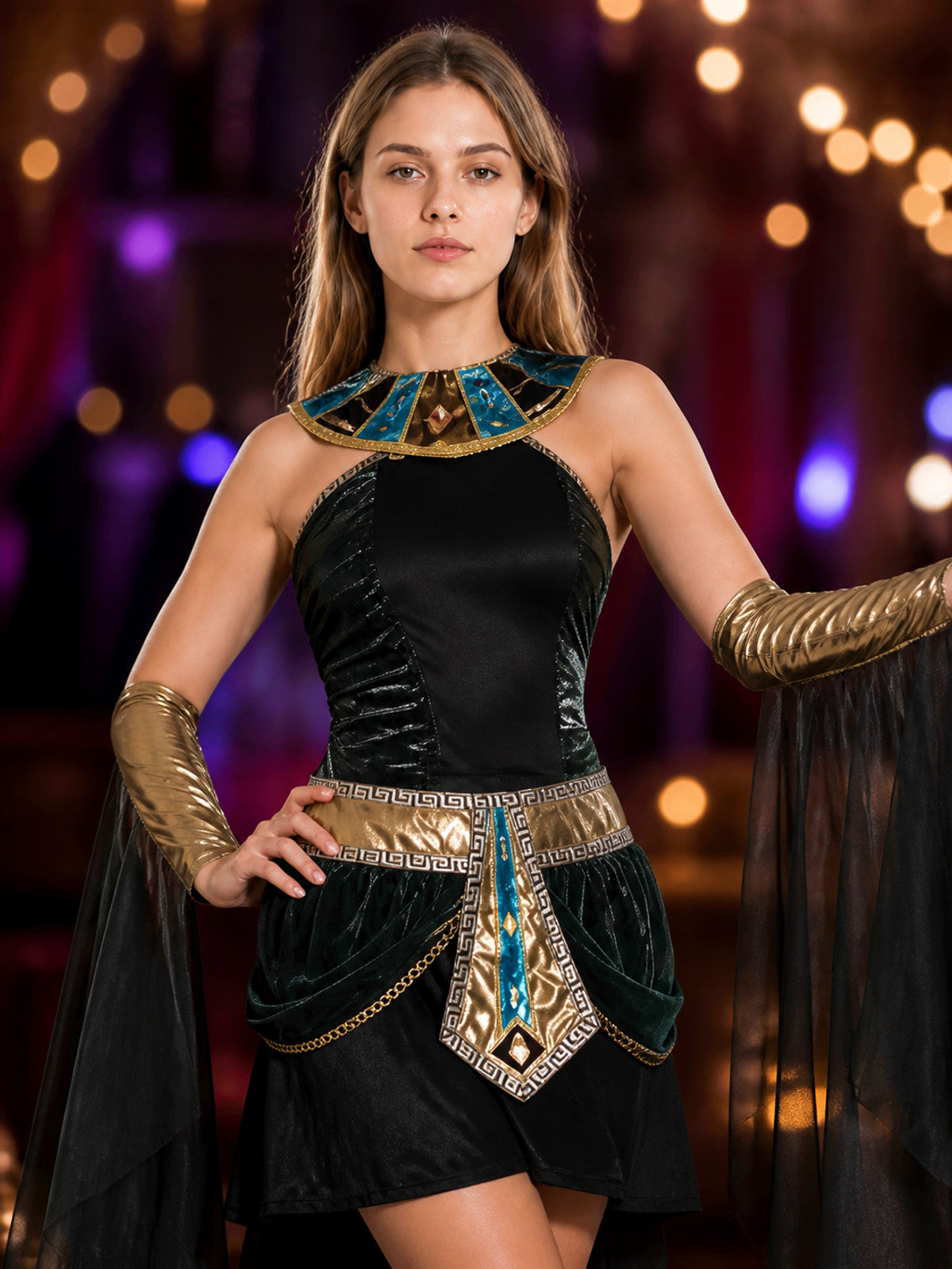 Cleopatra Halloween Costume Dress, Egyptian Queen Masquerade Outfit, Teal & Gold on-model view