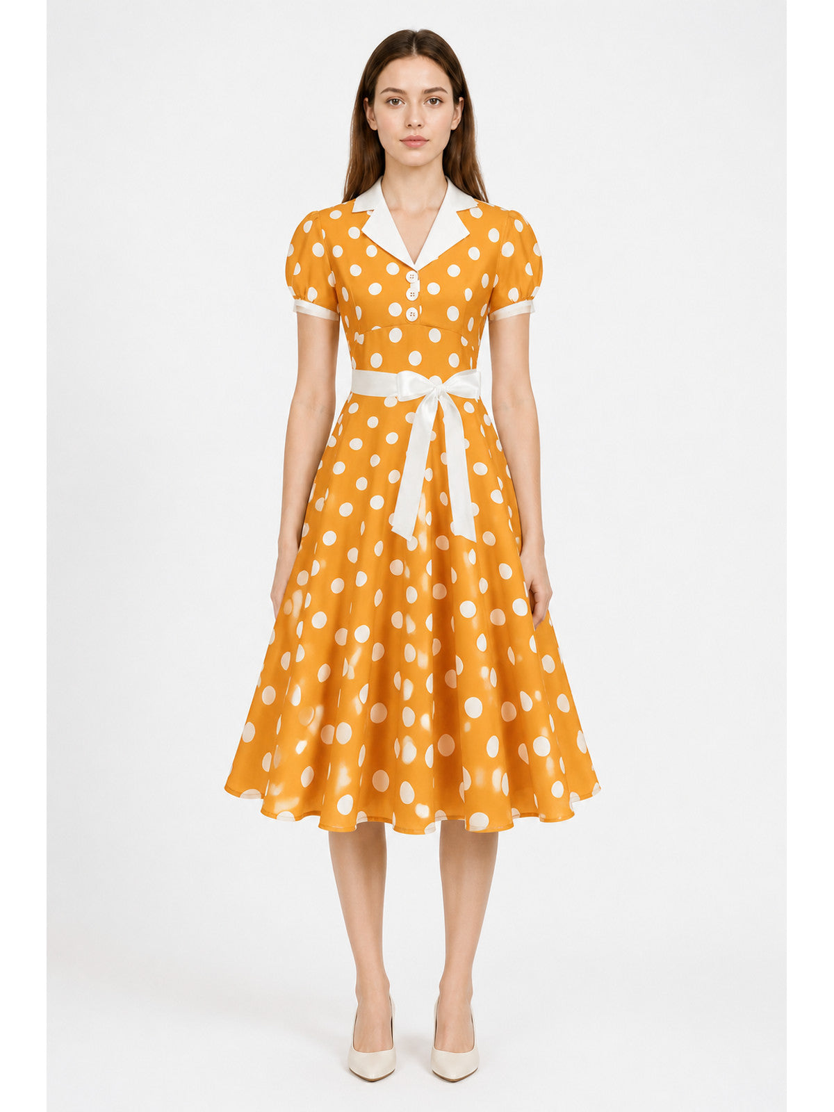Polka Dot Dress with a Turn-Down Collar and Belt main product view
