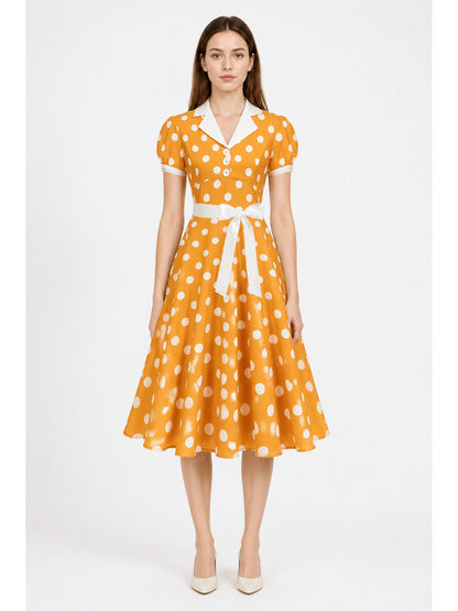 Polka Dot Dress with a Turn-Down Collar and Belt main product view