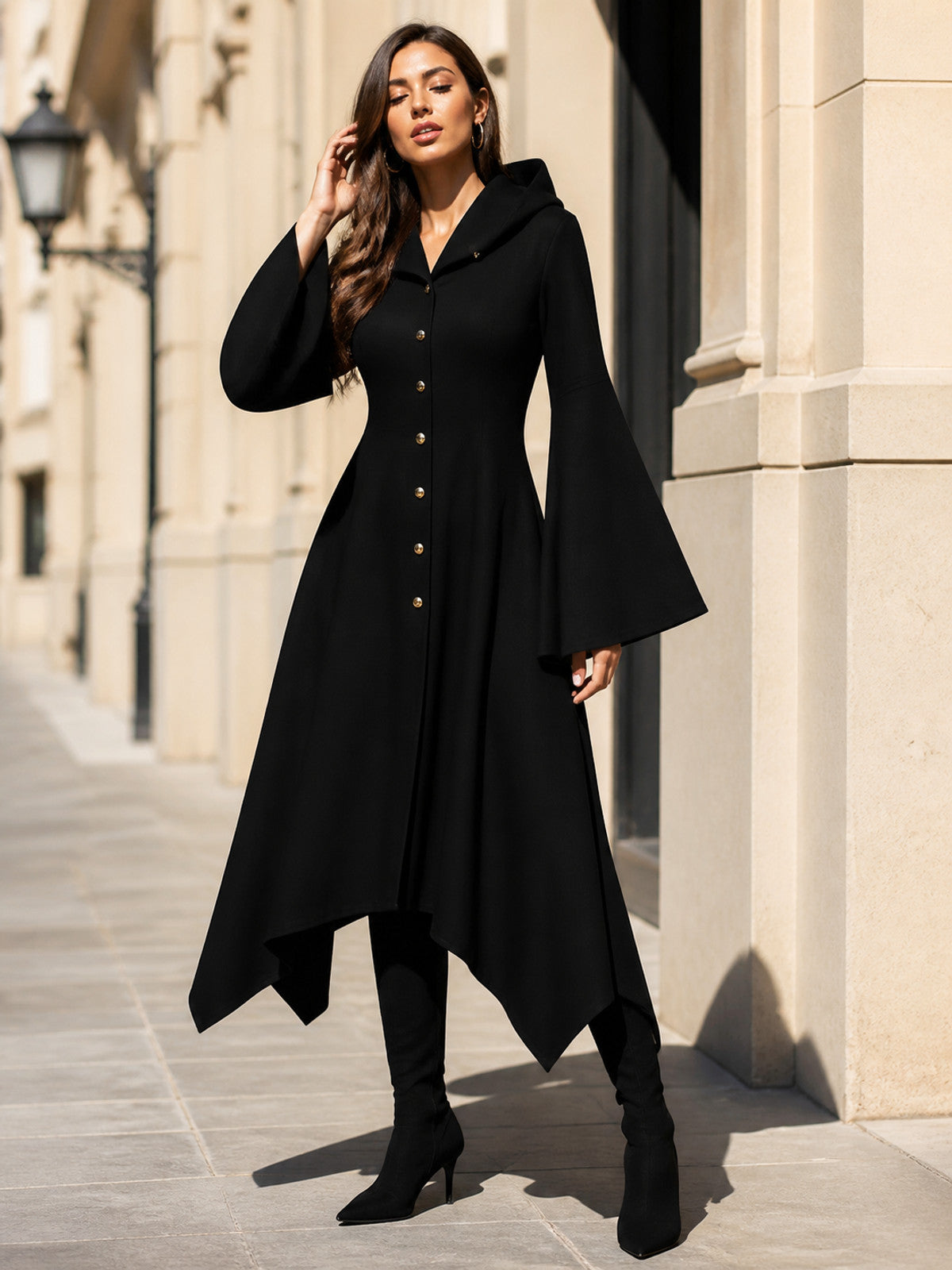 Women’s Long Hooded Cloak with Flared Sleeves main product view