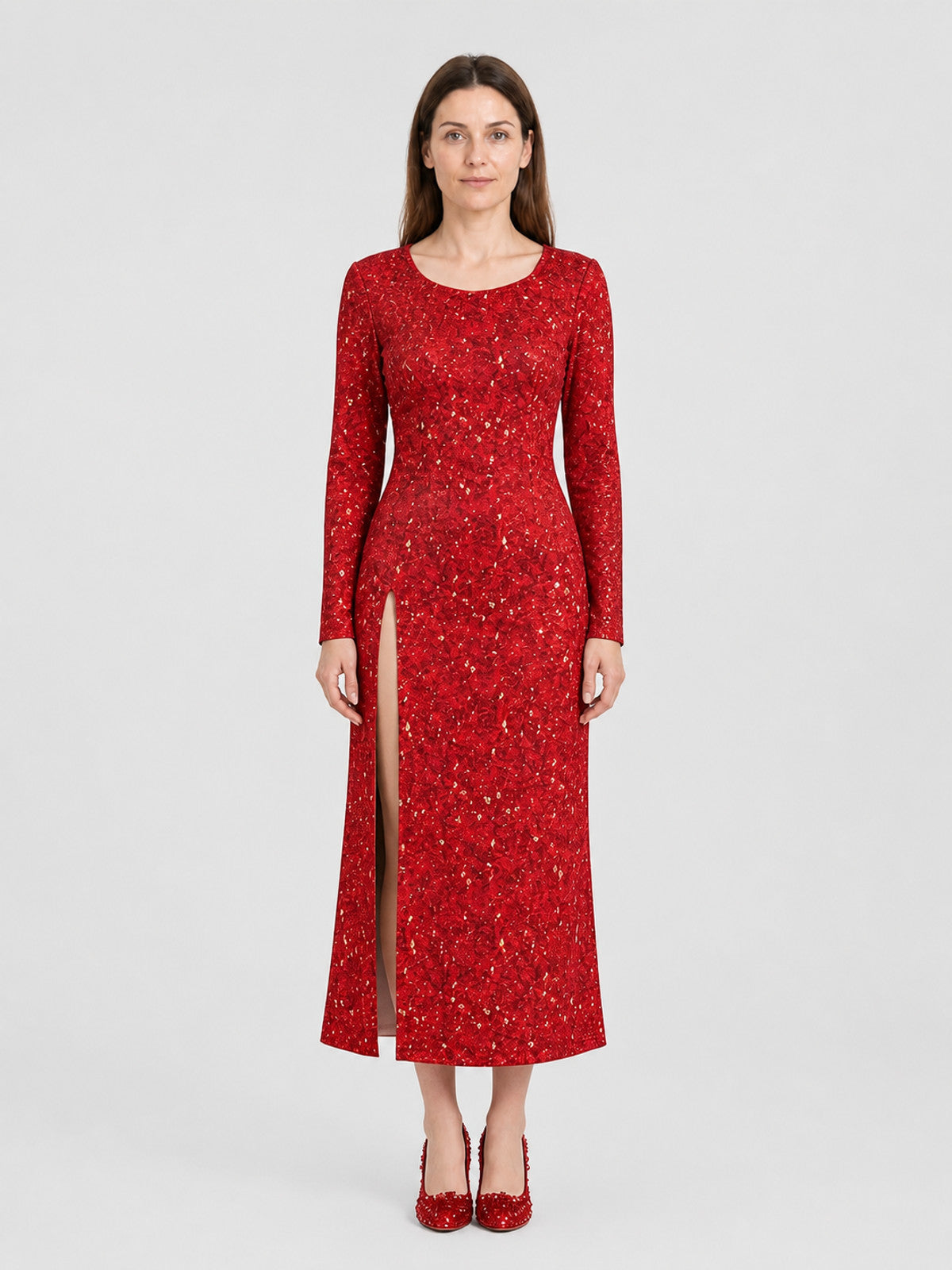 Fairy Godmother Dress from Shrek 2, Red, with Sequins on-model view