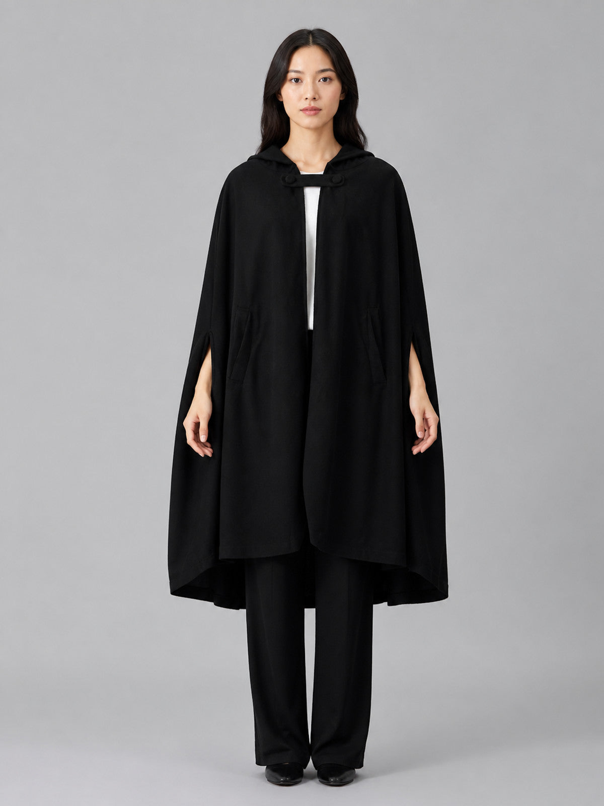 Long Black Hooded Cape with Clasp front view