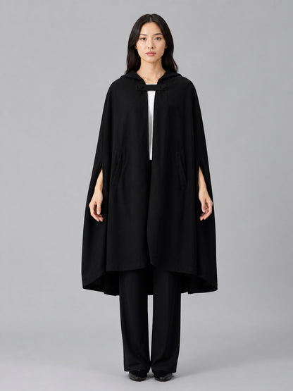 Long Black Hooded Cape with Clasp front view