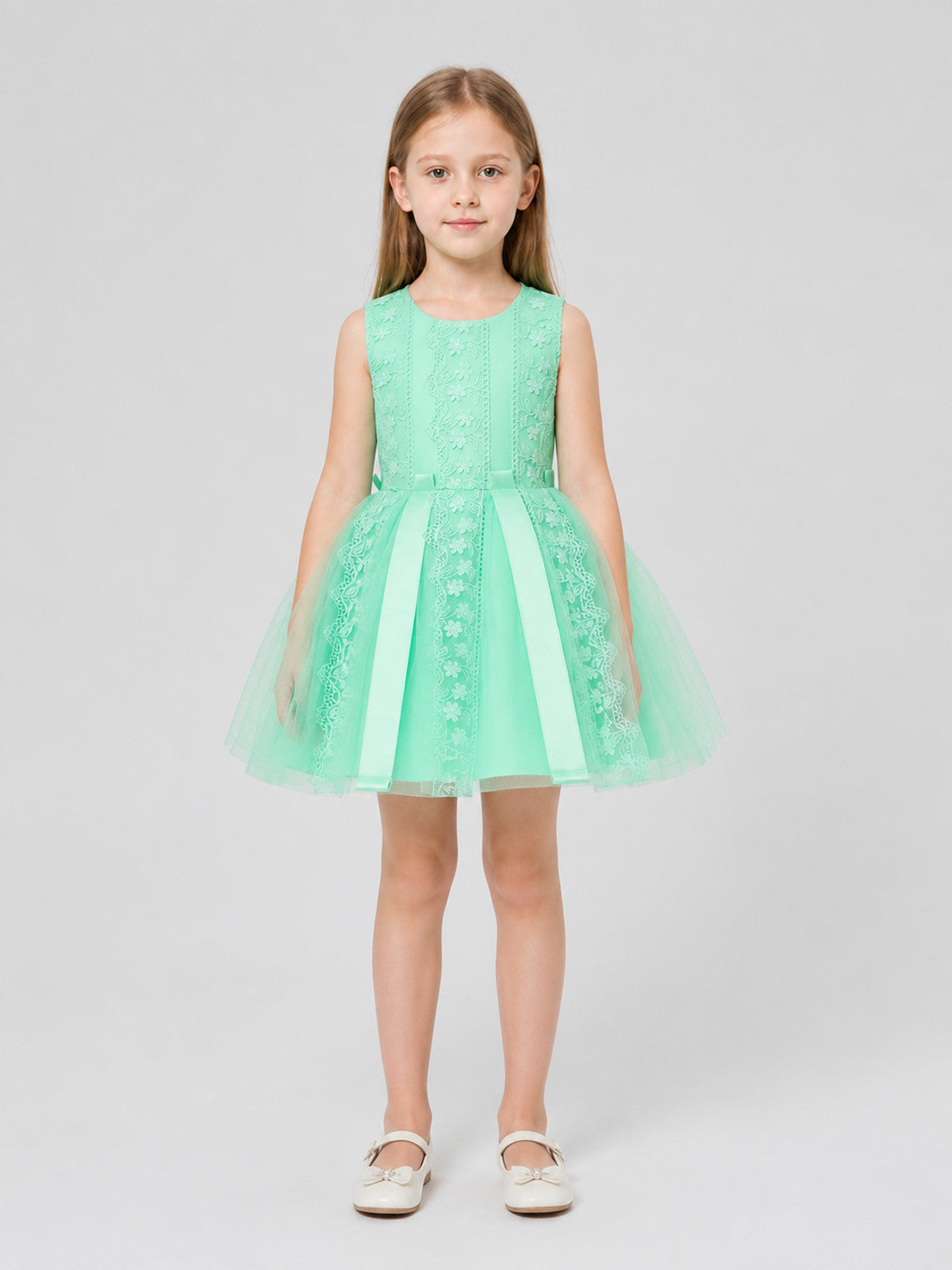Fluffy Mint Tulle Dress with Floral Embroidery on-model view