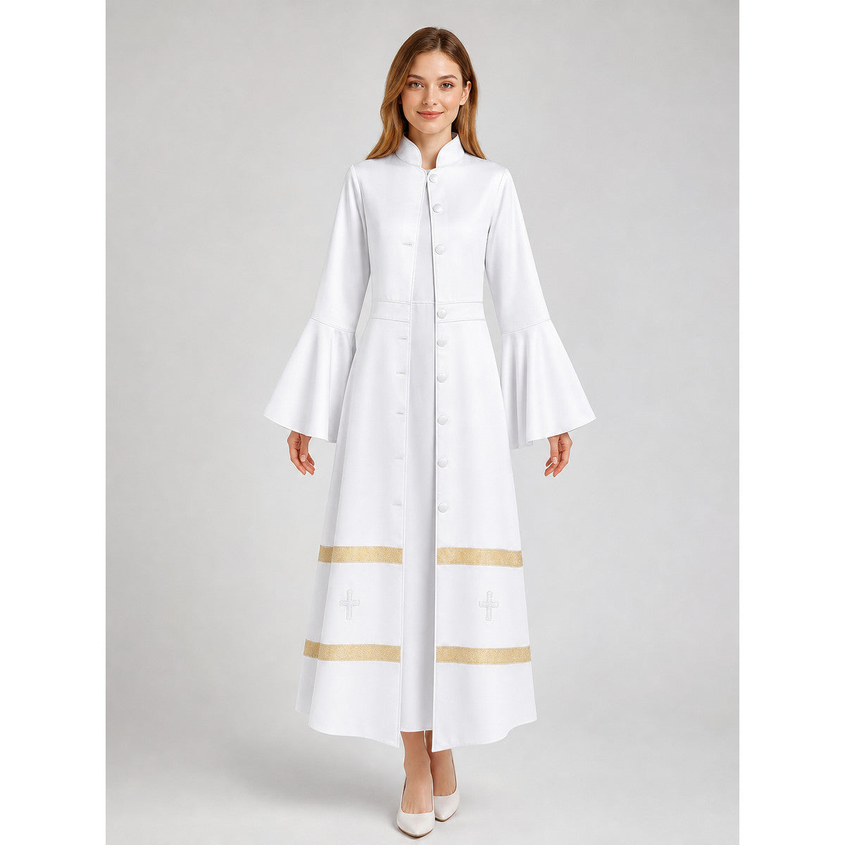 Long clergy robe with collar, buttons, and trim on-model view