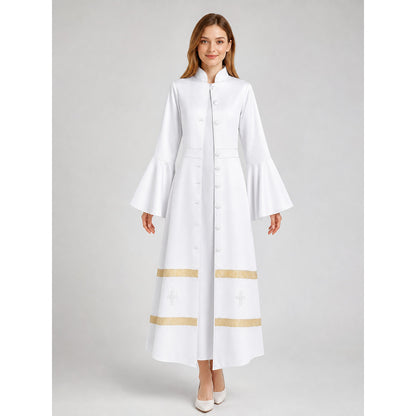 Long clergy robe with collar, buttons, and trim on-model view
