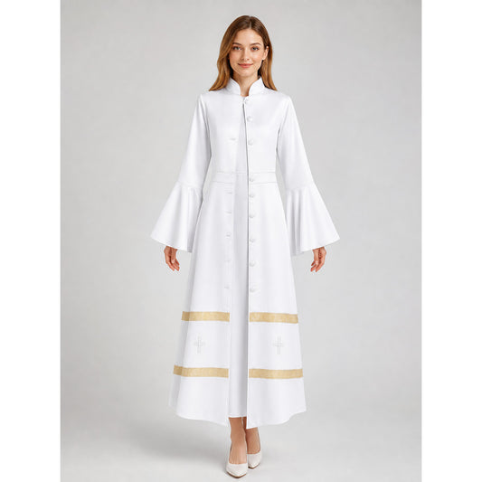 Long clergy robe with collar, buttons, and trim on-model view