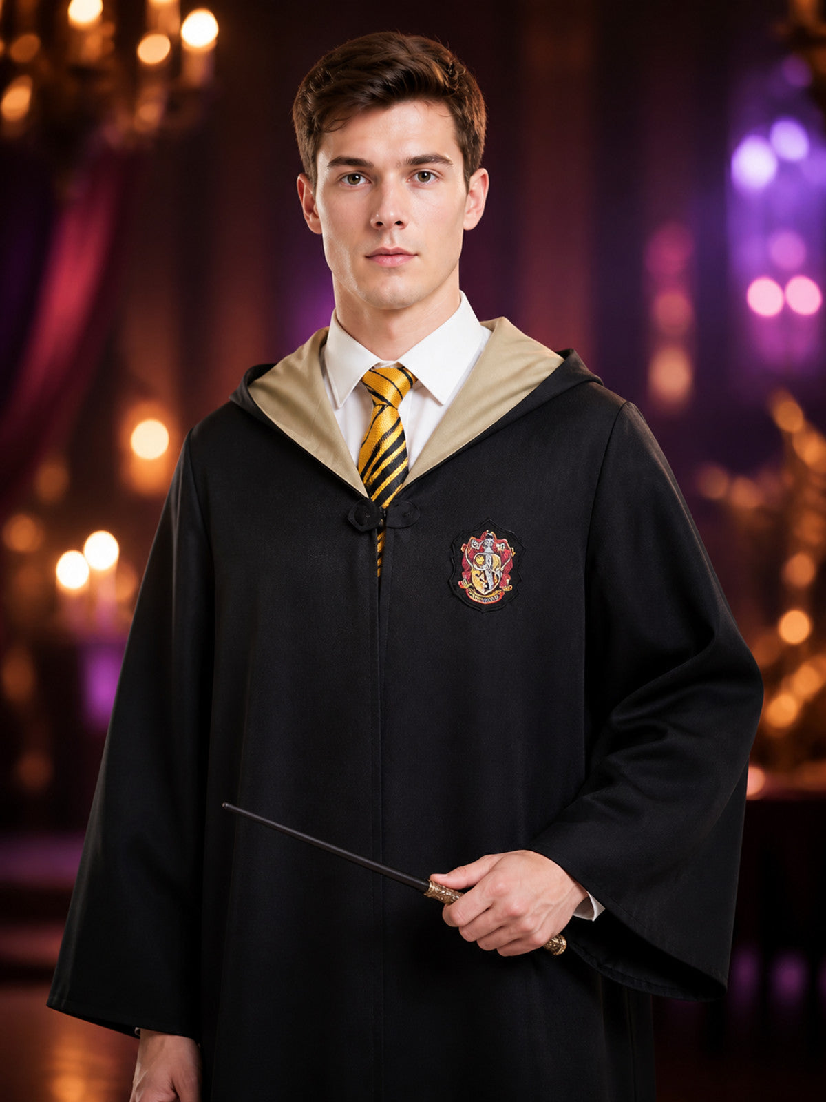 Hufflepuff Wizard Costume Set, Hooded Robe With Striped Tie, Cosplay Outfit on-model view