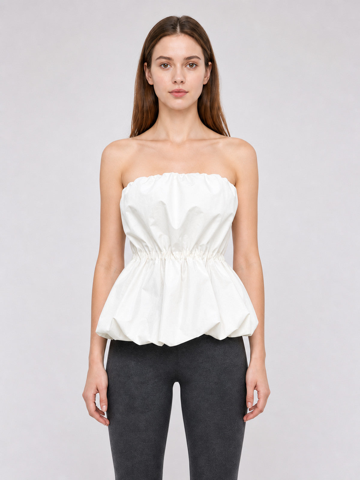 White Strapless Bustier Top with Draped Peplum front view