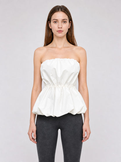 White Strapless Bustier Top with Draped Peplum front view