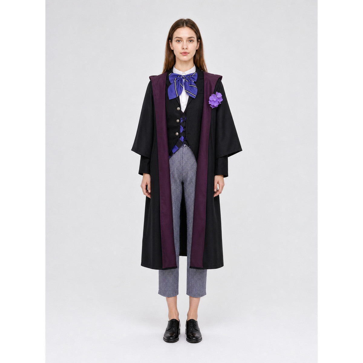 The set is styled after the character Gregory Violet and includes a jacket, vest, shirt, pants, bow tie, and lapel brooch. The look is built around layering: a black vest and black jacket are worn over a white shirt, complemented by an uppe