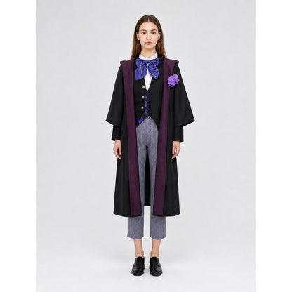 The set is styled after the character Gregory Violet and includes a jacket, vest, shirt, pants, bow tie, and lapel brooch. The look is built around layering: a black vest and black jacket are worn over a white shirt, complemented by an uppe