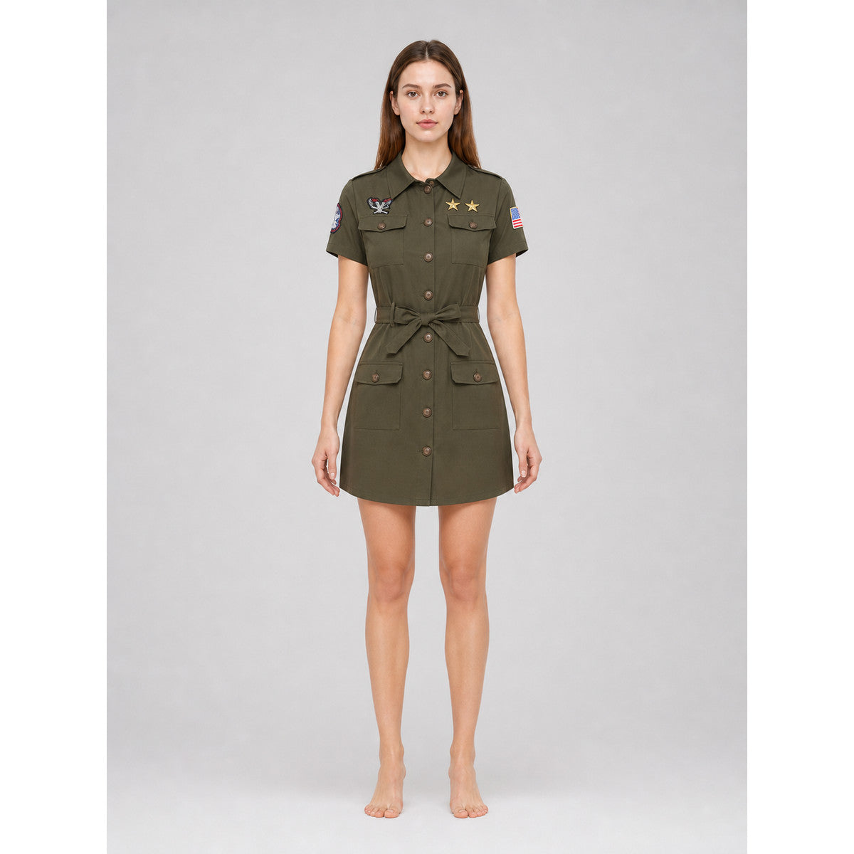 Military-style costume dress with belt and gloves