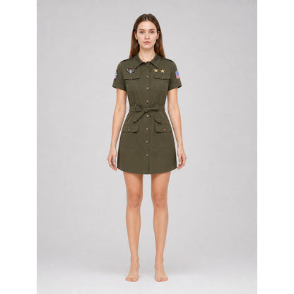 Military-style costume dress with belt and gloves