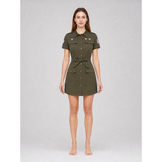Military-style costume dress with belt and gloves