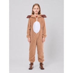 Kids' Reindeer Costume – Tan Coral Fleece Hooded Jumpsuit with Antlers & Front Zipper