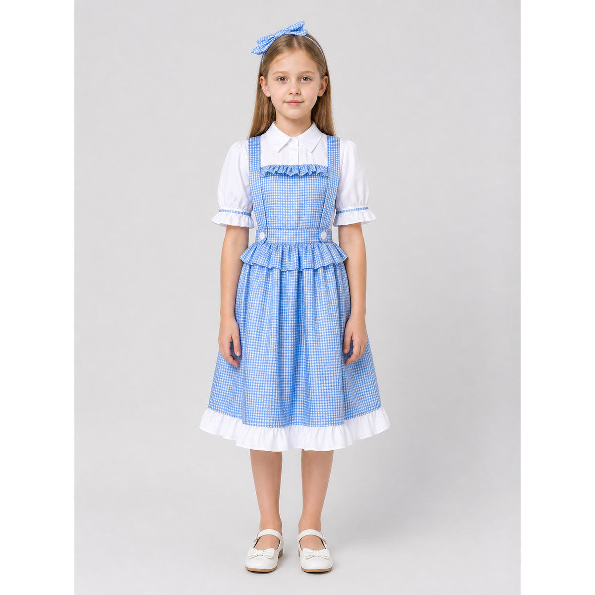 Dorothy Cosplay Dress in Blue-and-White Check with Bow on-model view