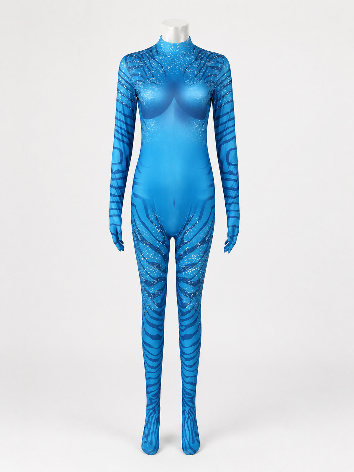 Women's Avatar Costume Bodysuit, Full Body Blue Striped Halloween Outfit with on-model view