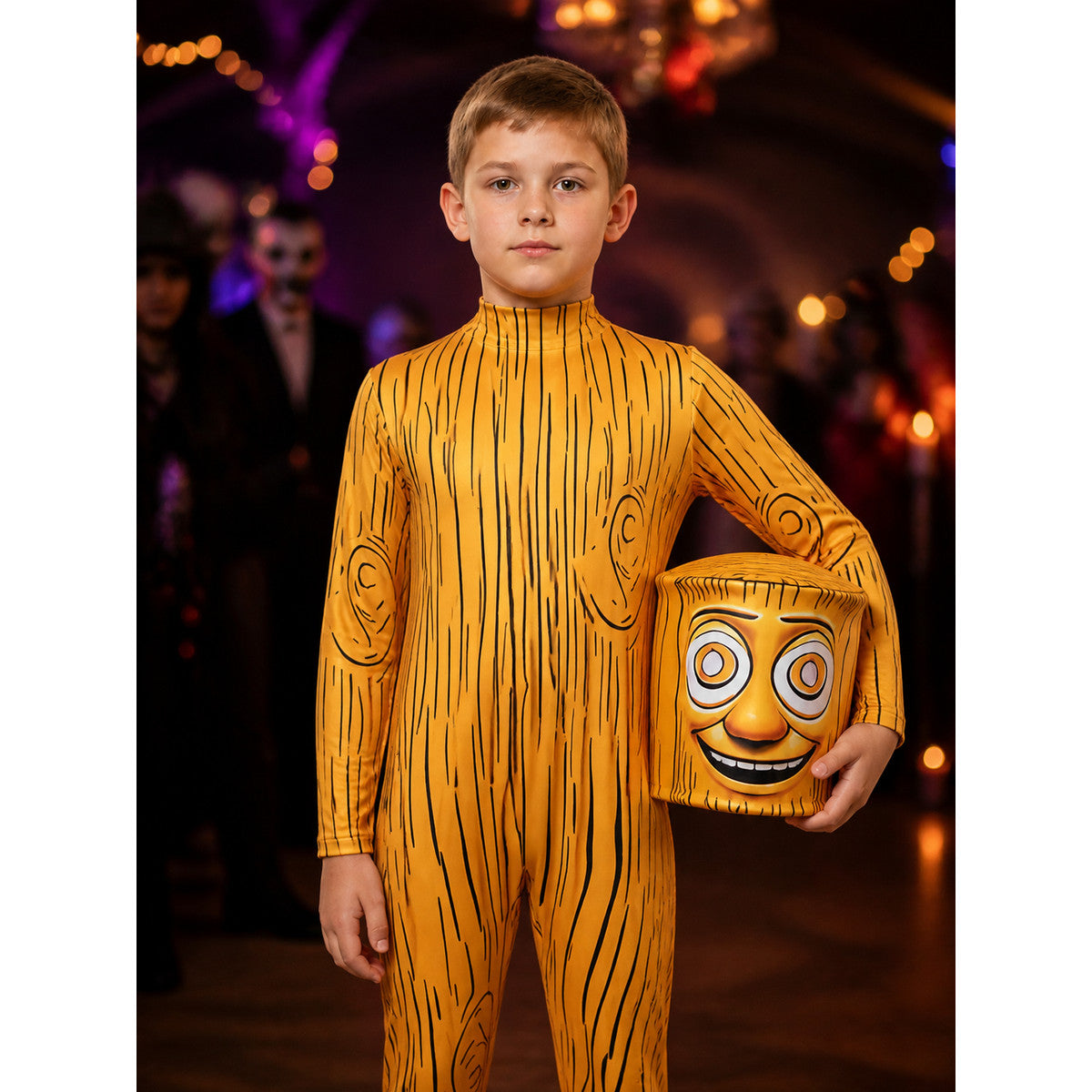 Yellow Wooden Man Halloween Costume Set, Wooden Grain Print Jumpsuit on-model view