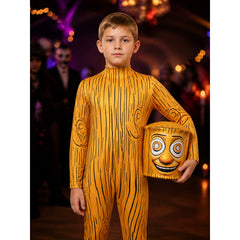 Yellow Wooden Man Halloween Costume Set, Wooden Grain Print Jumpsuit
