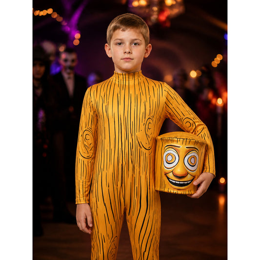 Yellow Wooden Man Halloween Costume Set, Wooden Grain Print Jumpsuit on-model view