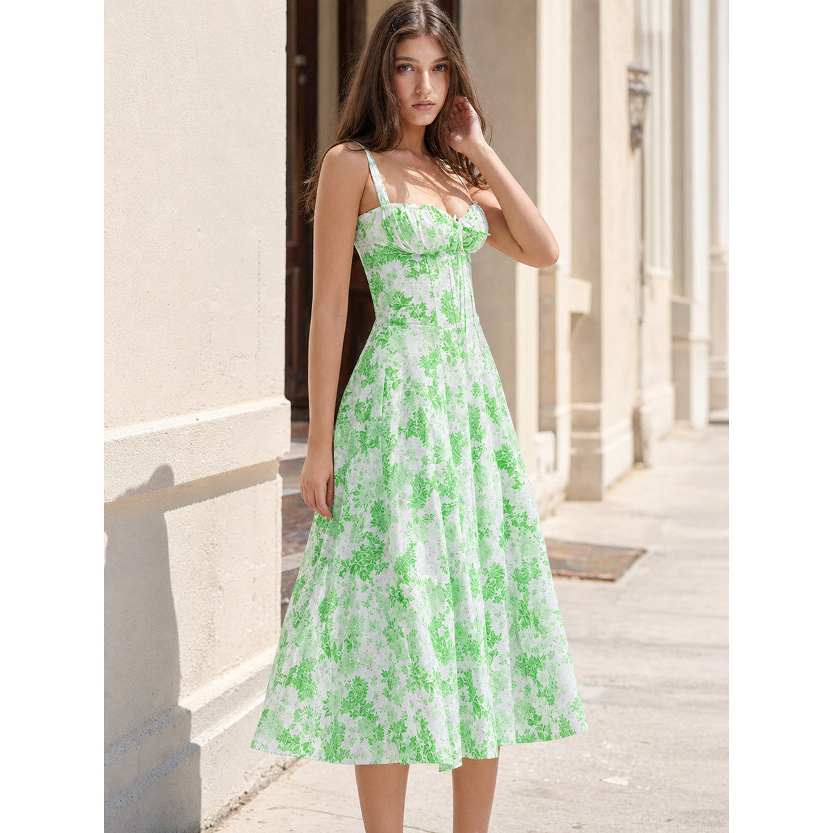 Women's Summer Midi Dress with Thin Straps and Floral Print