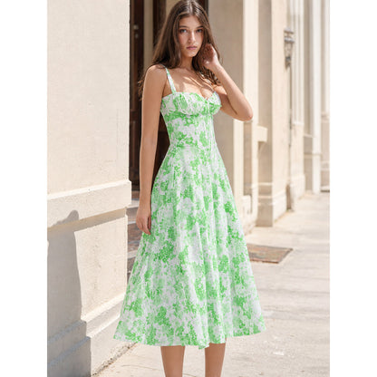 Women's Summer Midi Dress with Thin Straps and Floral Print